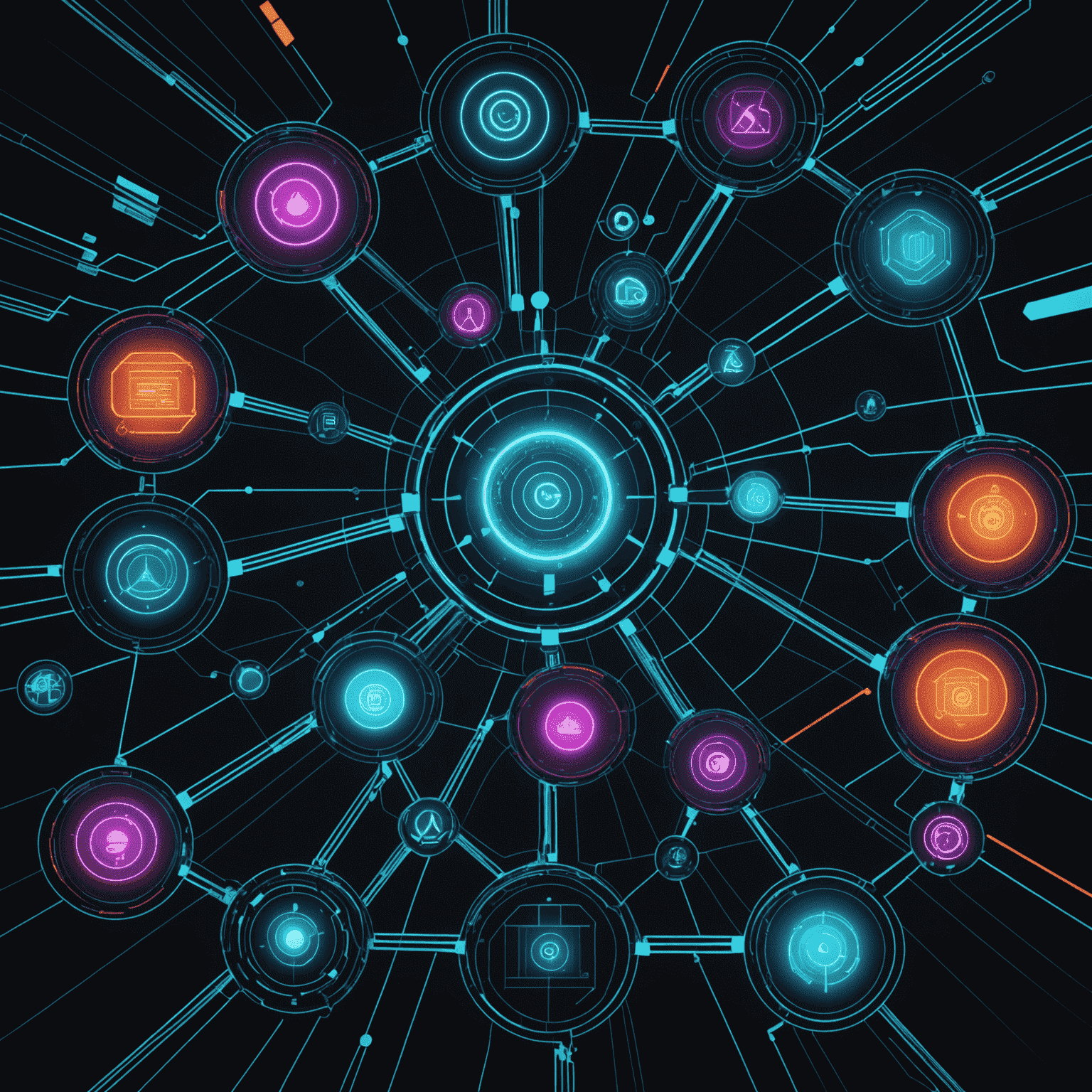 A futuristic diagram showcasing various interactive systems and their interconnections, with glowing neon lines representing data flow and user interactions