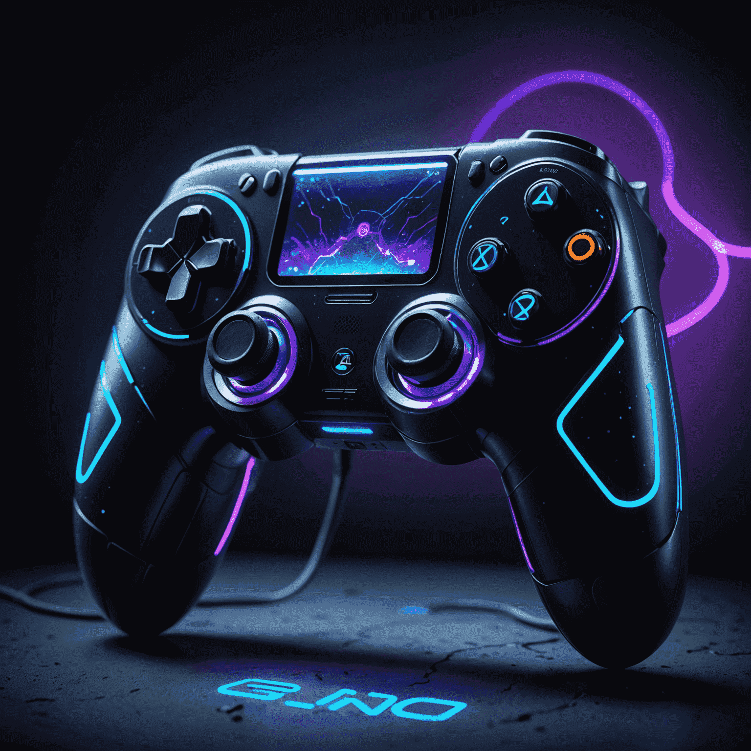 A futuristic game controller emitting neon purple and blue light pulses, symbolizing the psychological impact of game design on player emotions