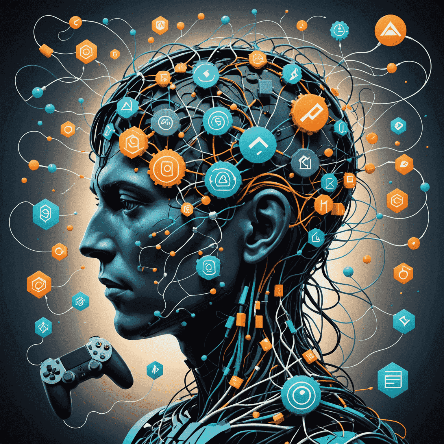 An abstract illustration representing the human mind interacting with various game elements, showing synapses connecting to game icons, controllers, and reward symbols.
