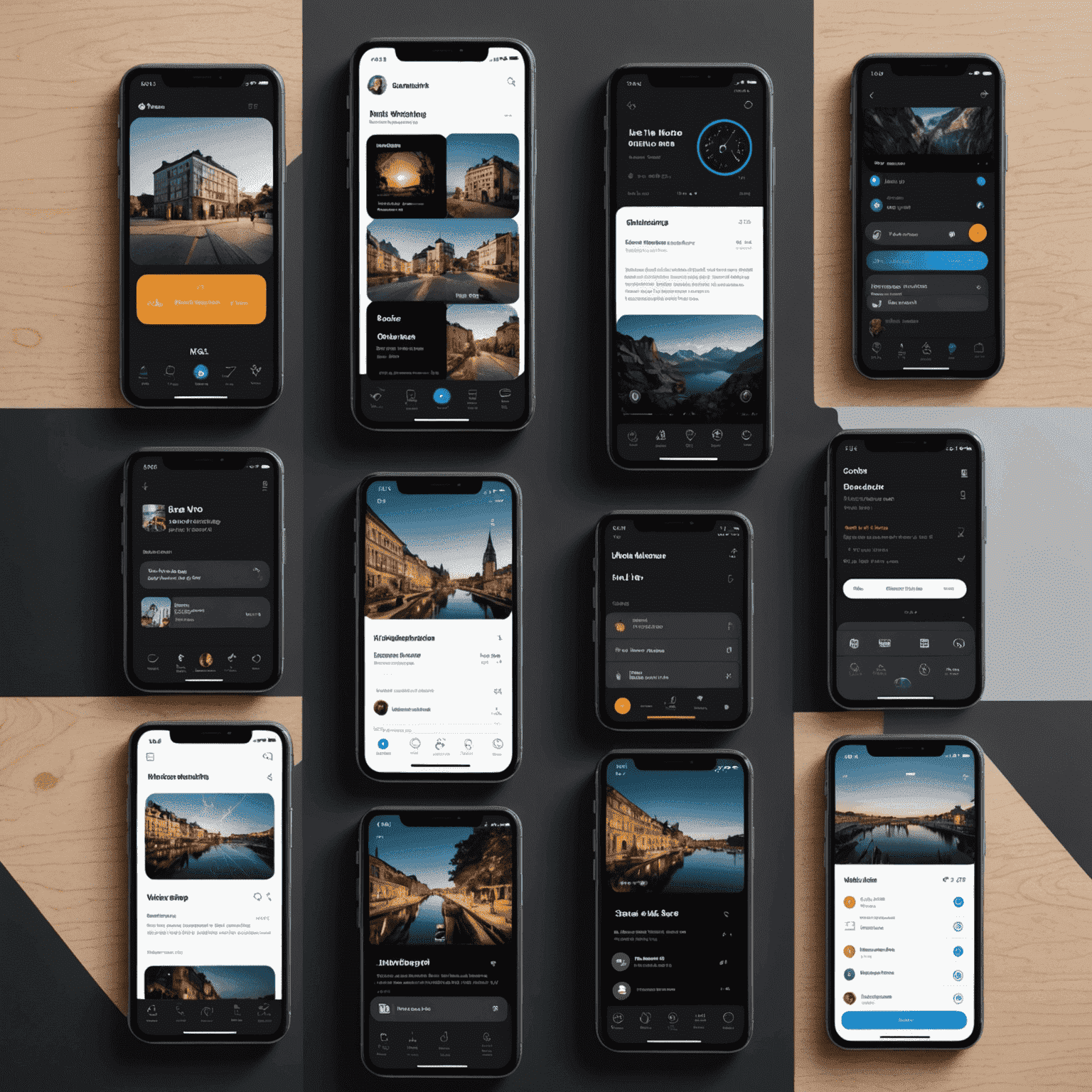 A collage showcasing various modern mobile app interfaces, highlighting minimalist designs, dark mode, gesture-based navigation, and augmented reality elements