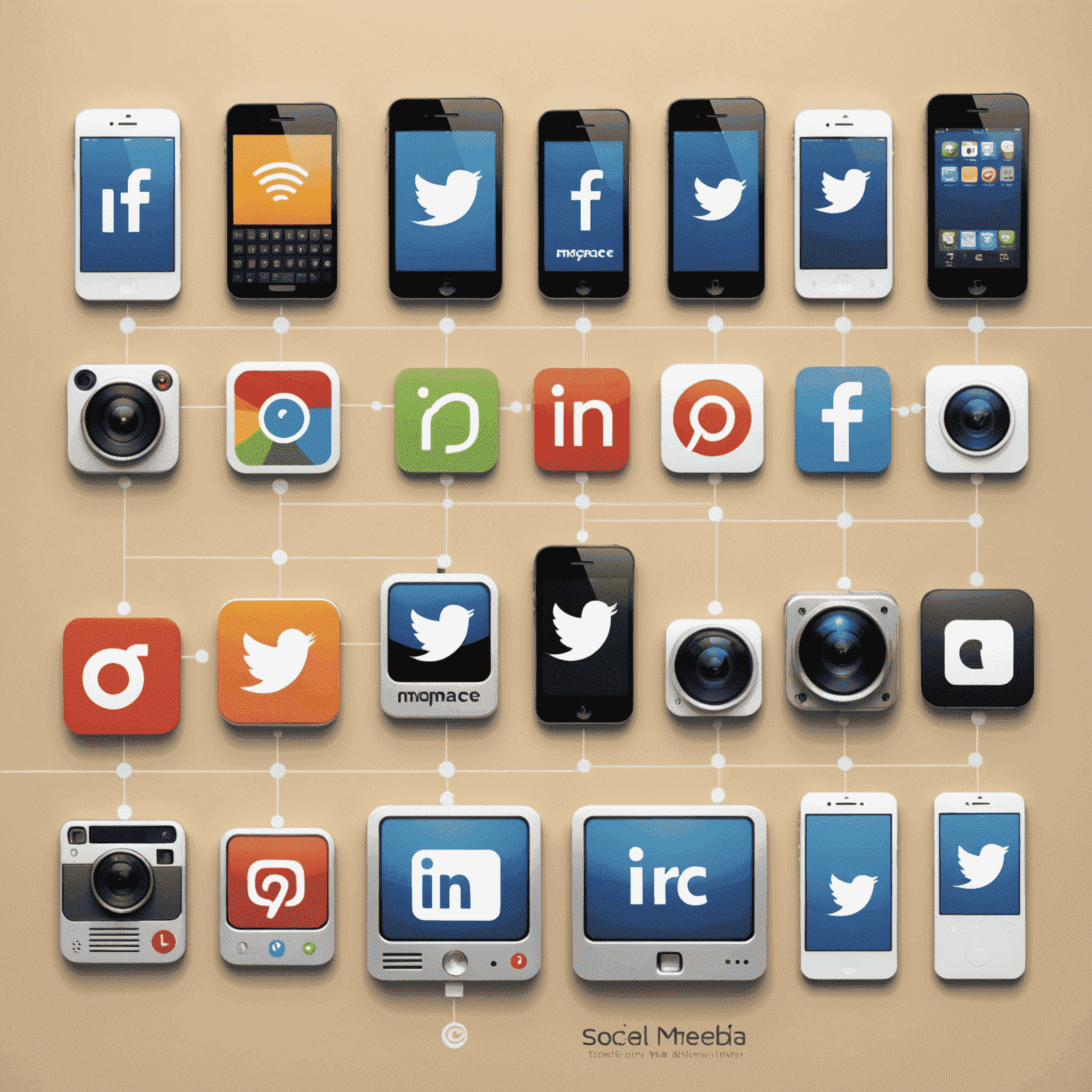 A timeline showing the evolution of social media interfaces from early 2000s to present day, featuring iconic designs from platforms like MySpace, Facebook, Twitter, and Instagram