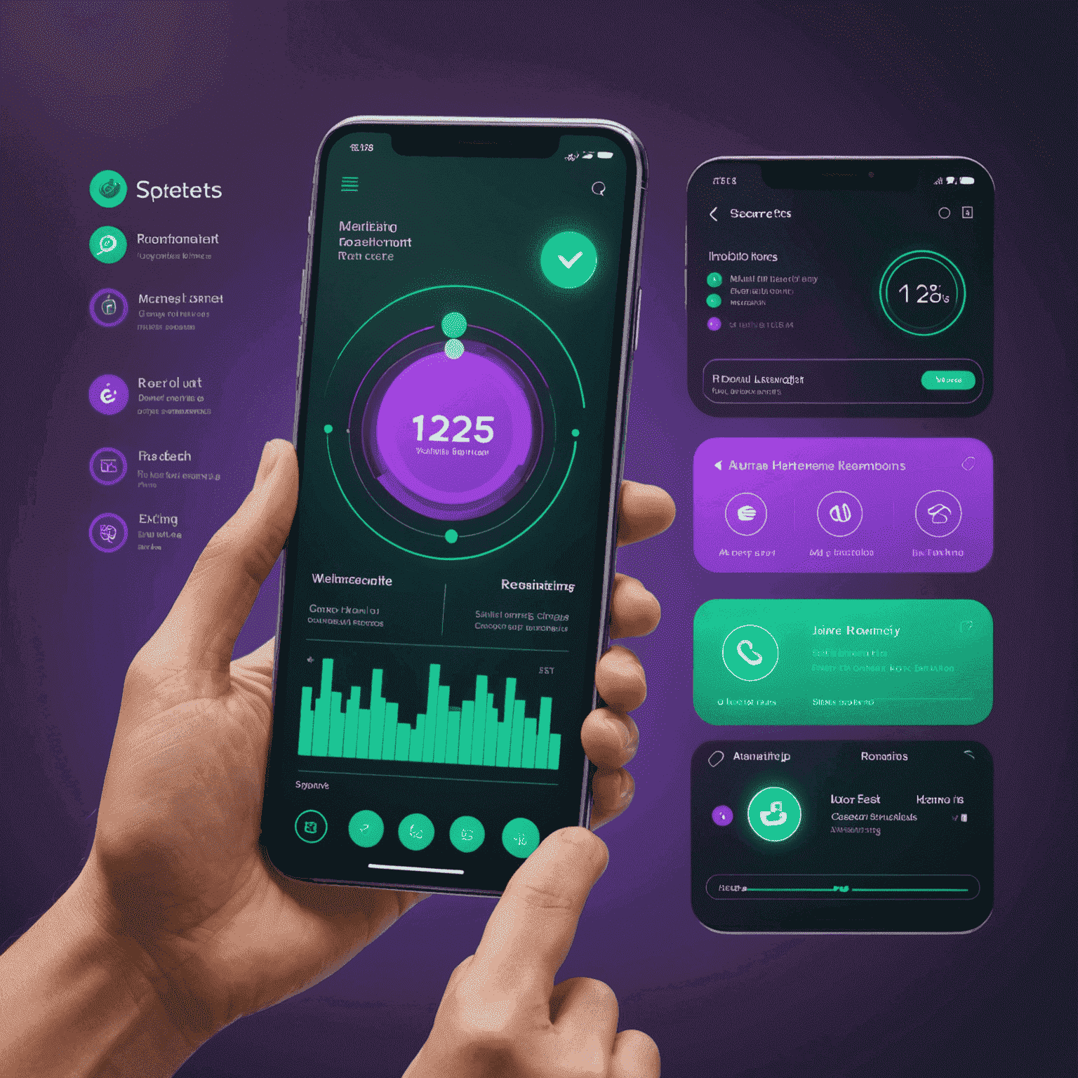 A visual representation of a user interacting with a wellness app interface, showing various engagement elements like progress bars, achievement badges, and personalized recommendations. The image should have a futuristic feel with glowing elements in cyber purple and emerald green.