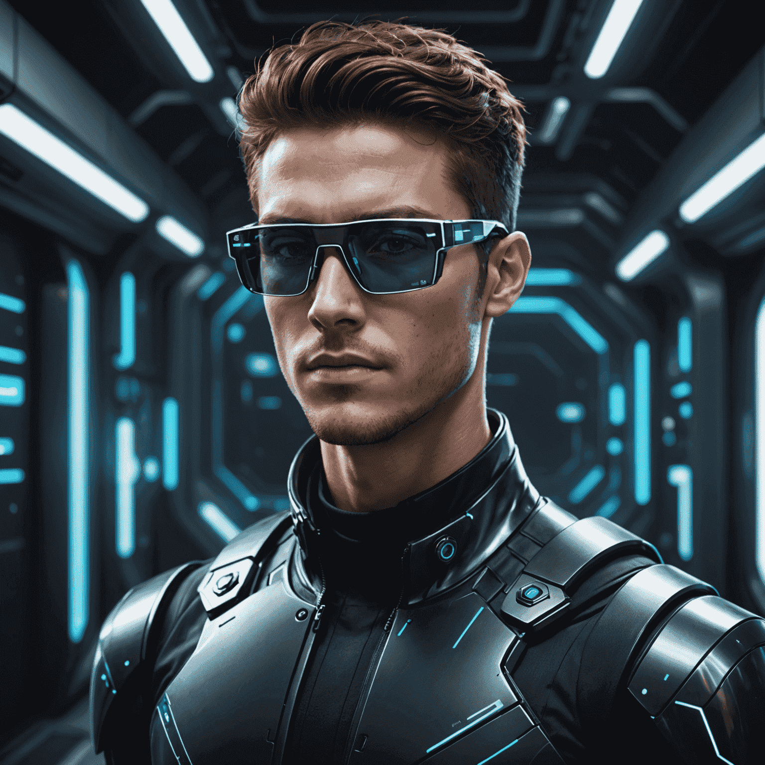 Portrait of J.D. Cyber, a tech-savvy individual with a futuristic aesthetic, wearing smart glasses and a sleek, dark outfit