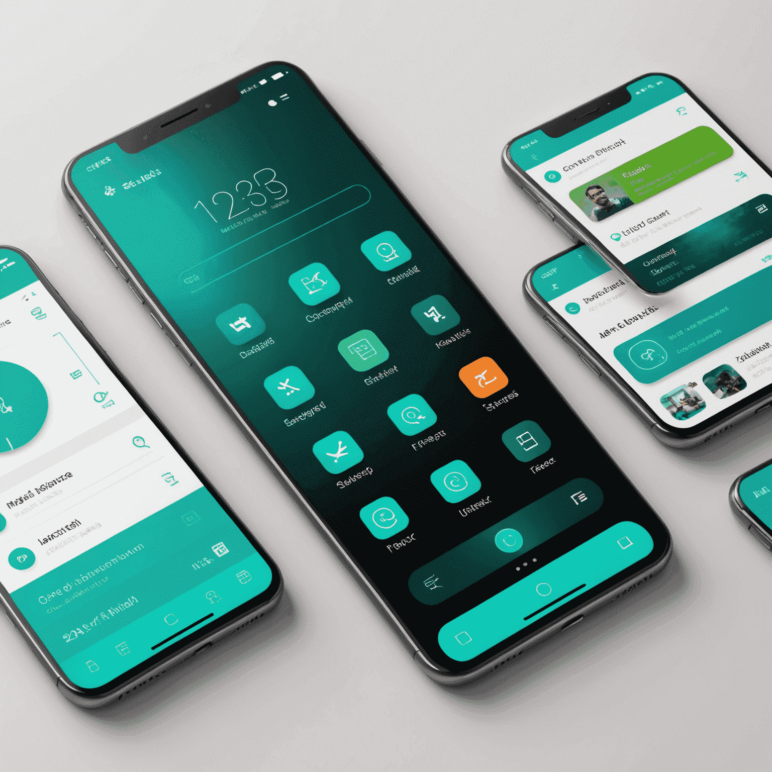 A sleek smartphone displaying a cutting-edge app interface with vibrant cyan and emerald green elements, showcasing modern UI/UX design trends