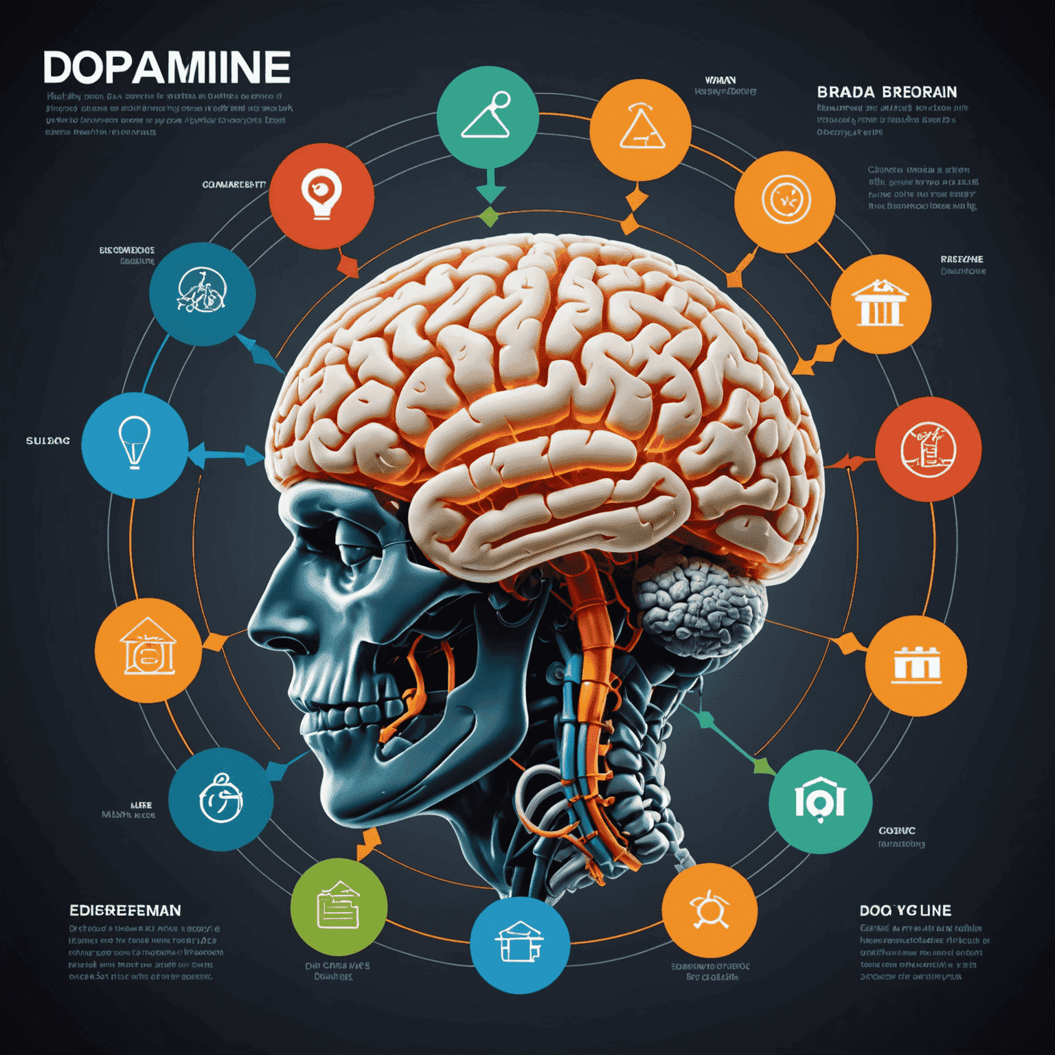 A diagram showing the cycle of action, reward, and dopamine release in the brain, with game elements integrated into the cycle.