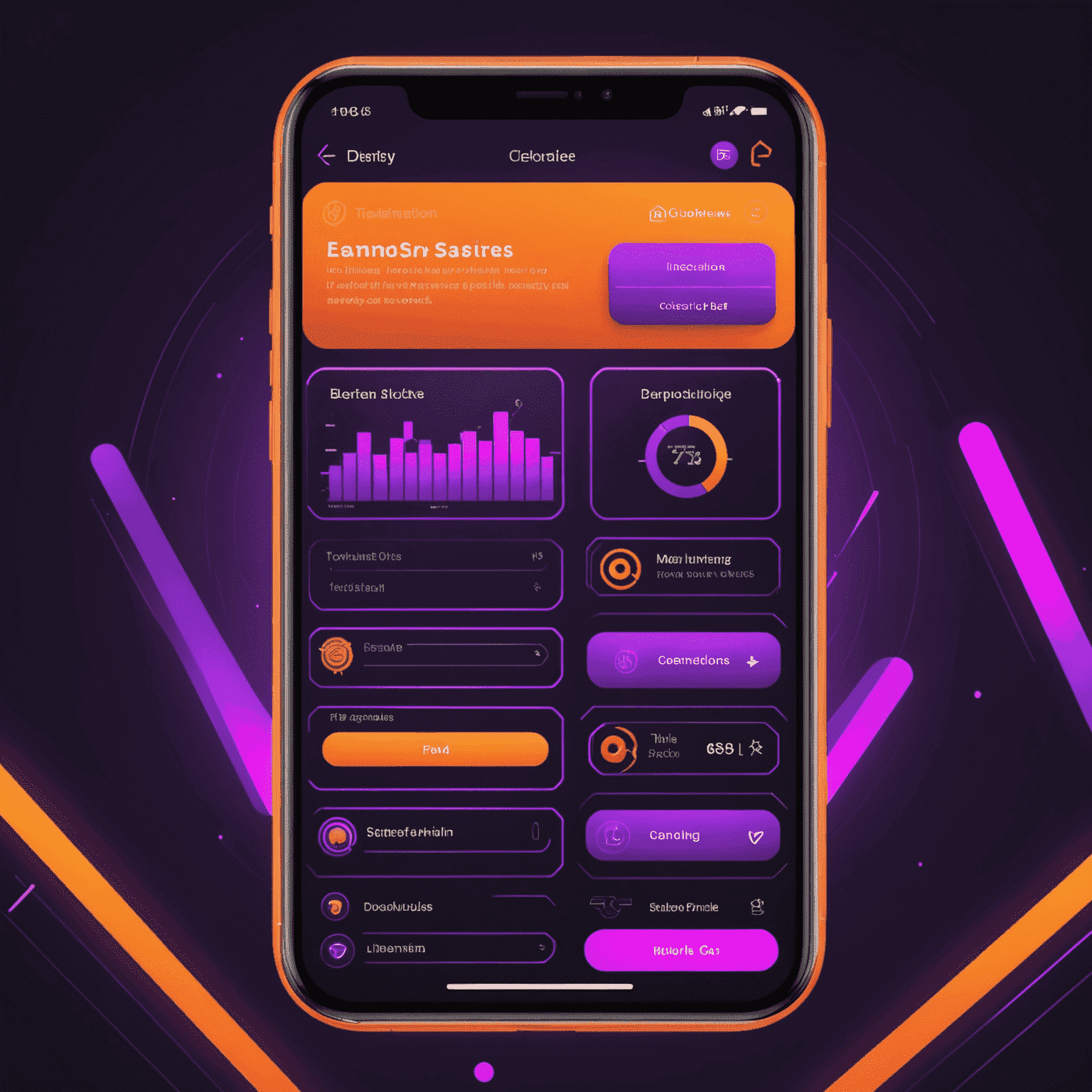 A productivity app interface with game-like elements such as progress bars, achievements, and rewards, all in a futuristic neon orange and purple color scheme