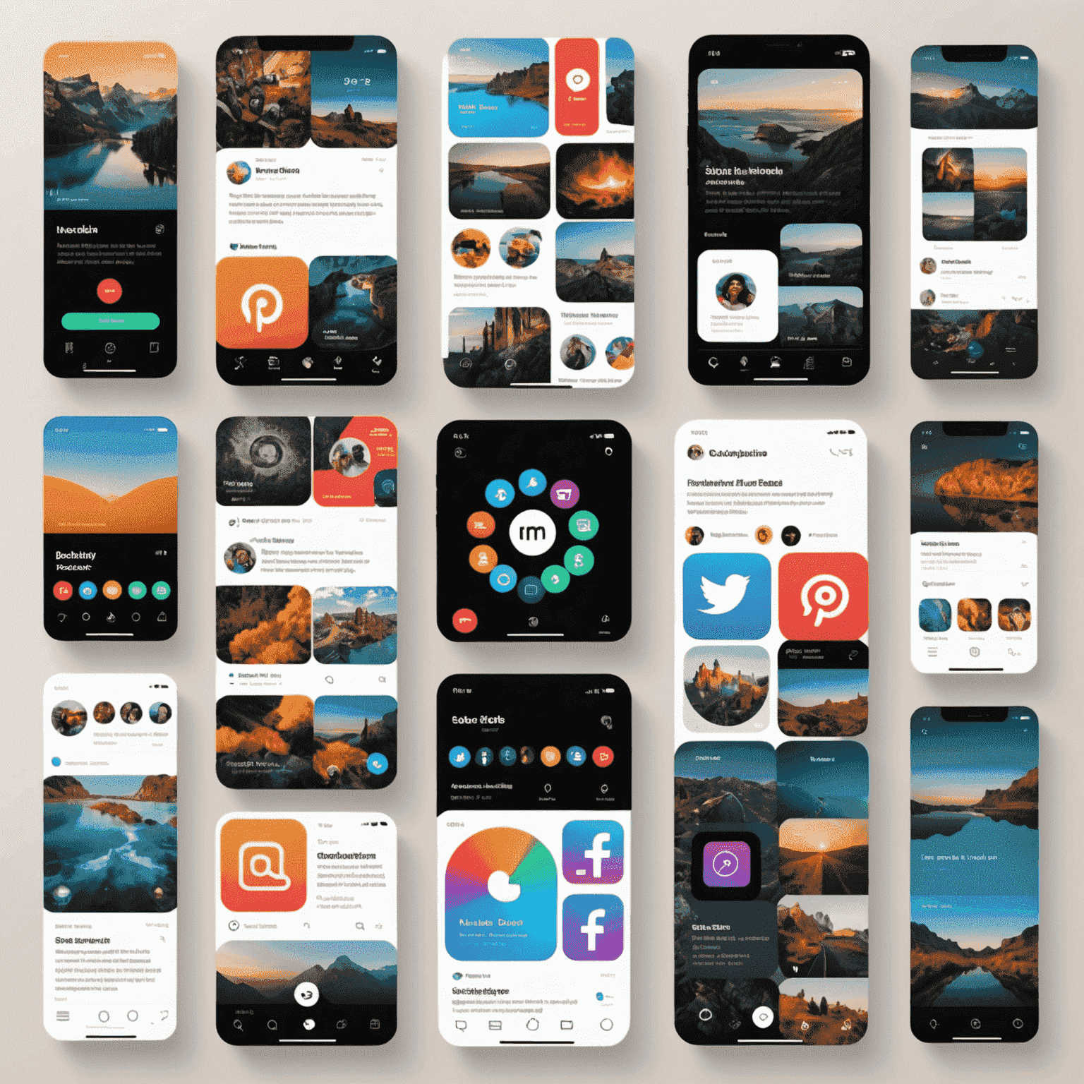 A collage of modern social media app interfaces, showcasing similarities in design elements like infinite scroll, story features, and algorithmic feeds